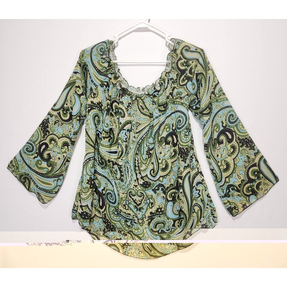 Thrill Women's Y2K Colorful Pleated Paisley Green Top Size XL